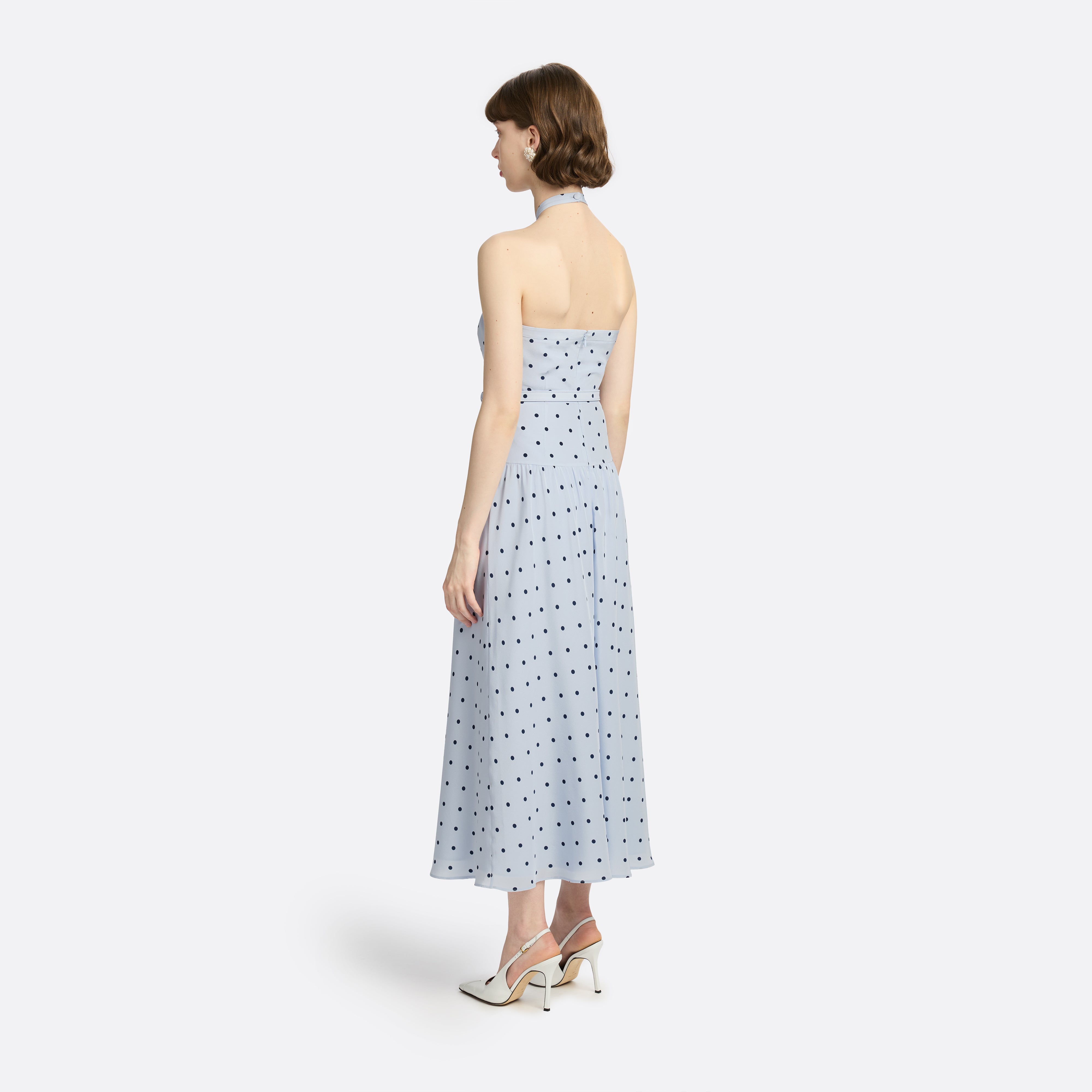 Alessandra Rich Polka-Dot Silk Halterneck Midi Dress robe soie bleu clair 40