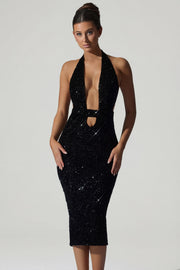 Oh Polly Harlyn midaxi robe noire sequins dos nu