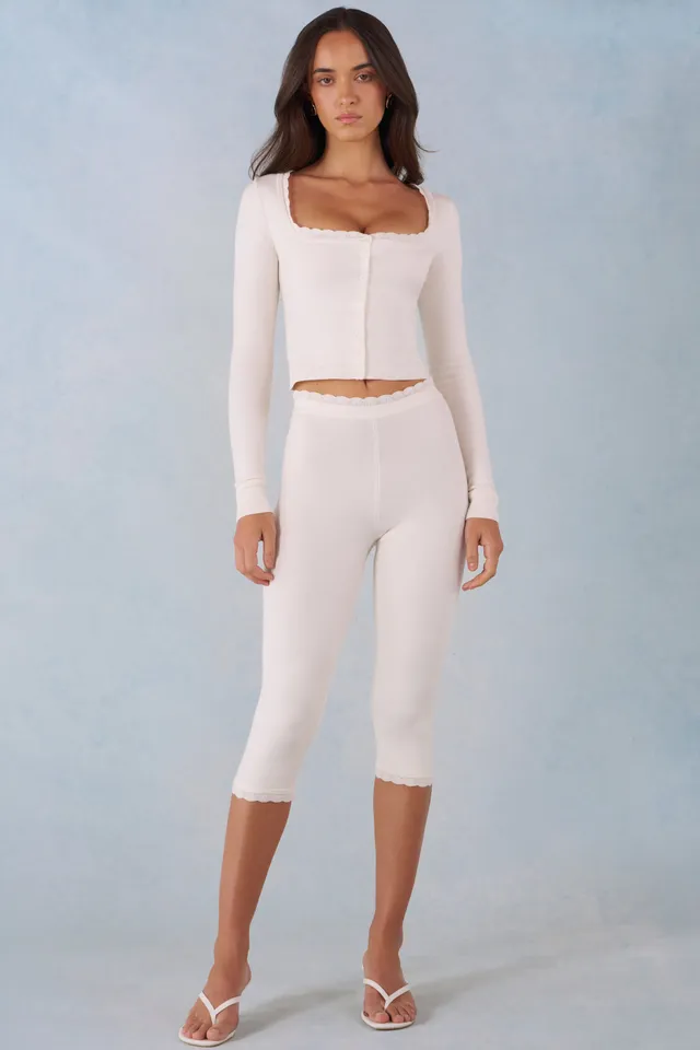 Oh Polly Selene Pantalon Capri Maille Ivoire Taille Mi-Haute