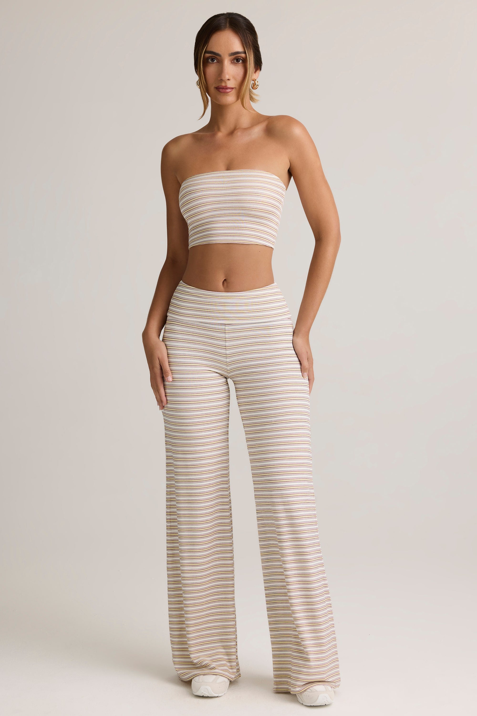 Oh Polly Melida 14152 pantalon large rose jaune rayé modal