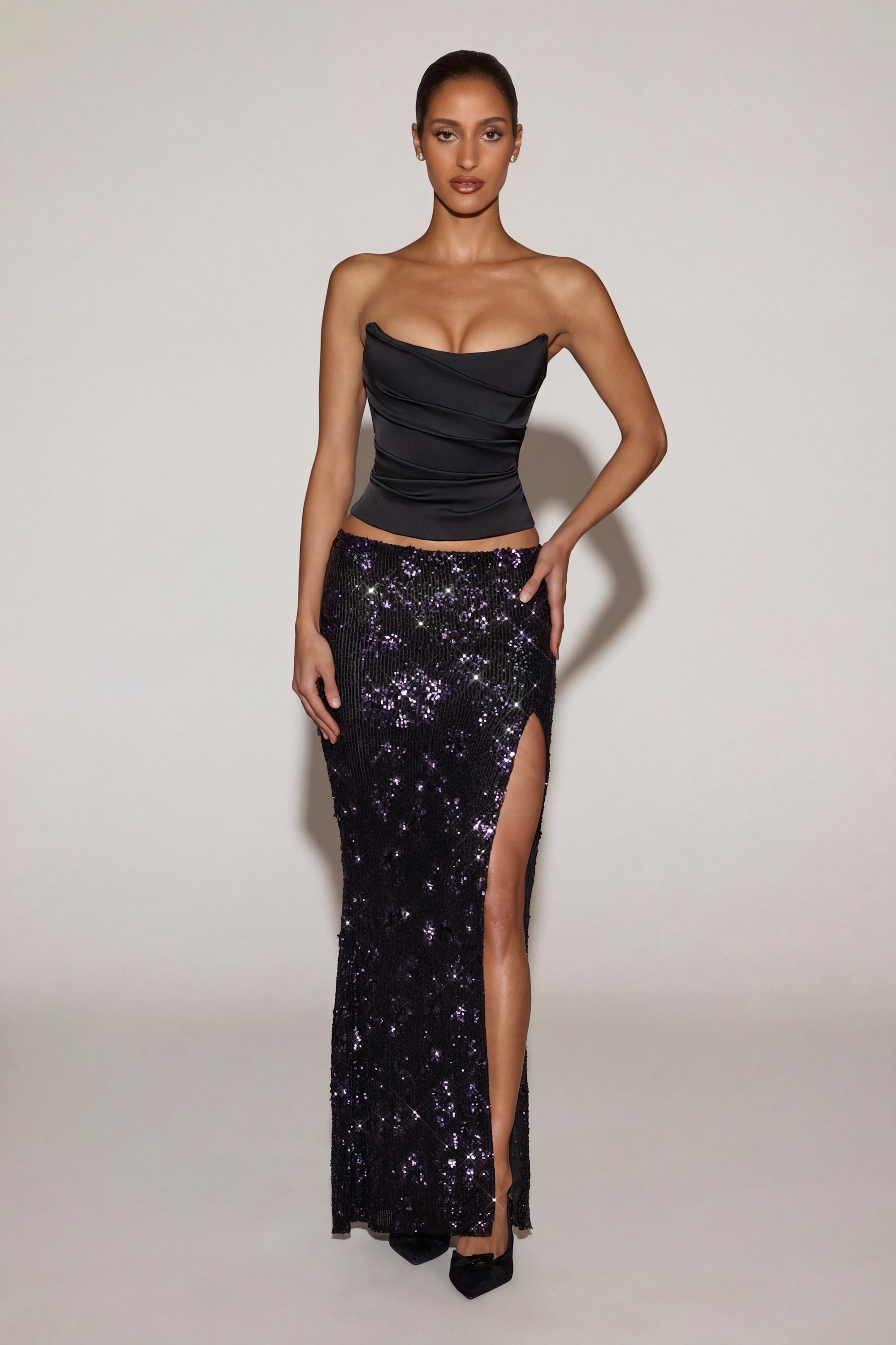 Oh Polly Embellished jupe maxi noire violette sequins fente