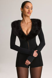 Oh Polly Nesta Combishort Noir Col Fourrure Plongeant
