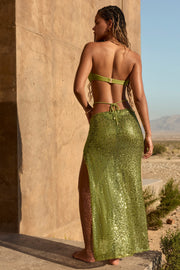 Oh Polly Embellished NS10627A jupe longue vert olive sequins