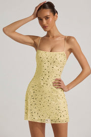 Oh Polly Averie Robe Jaune Strass Mini Col Carré