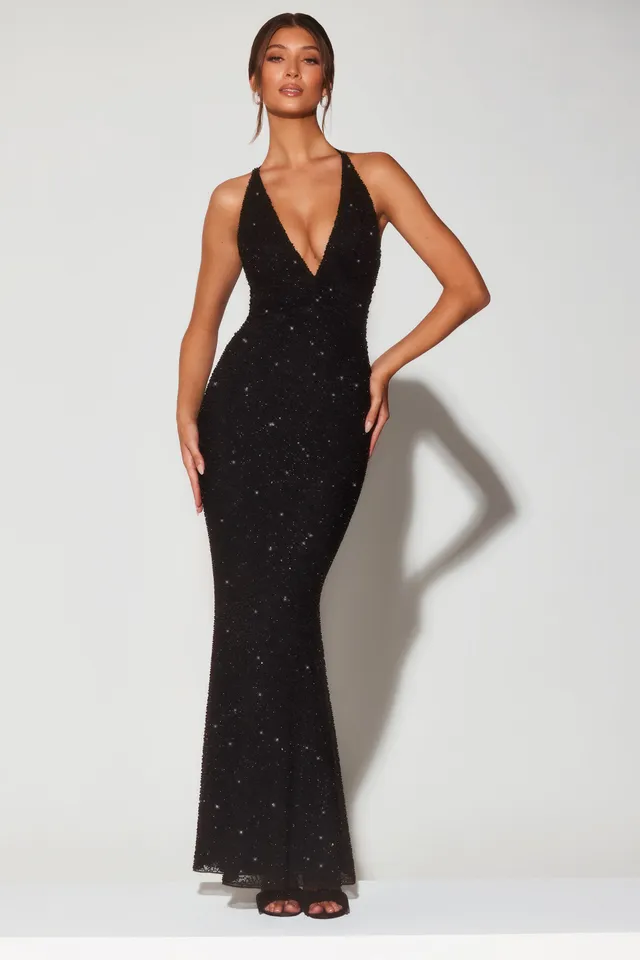 Oh Polly Embellished Verona 7210 robe halter noire perlée