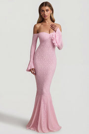 Oh Polly Verena robe maxi rose dentelle épaules nues