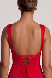 Oh Polly Violetta robe mini rouge dos lacé jersey