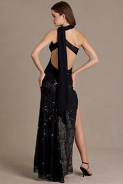 Oh Polly robe maxi noire sequins dentelle une épaule fente