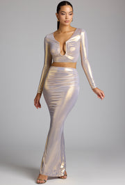 Oh Polly Zahra jupe longue maxi dorée jersey métallique