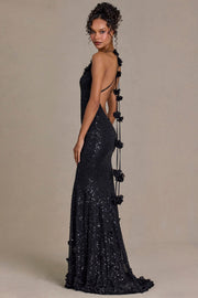 Oh Polly Embellished Plunge Gown robe noire sequins fleurs