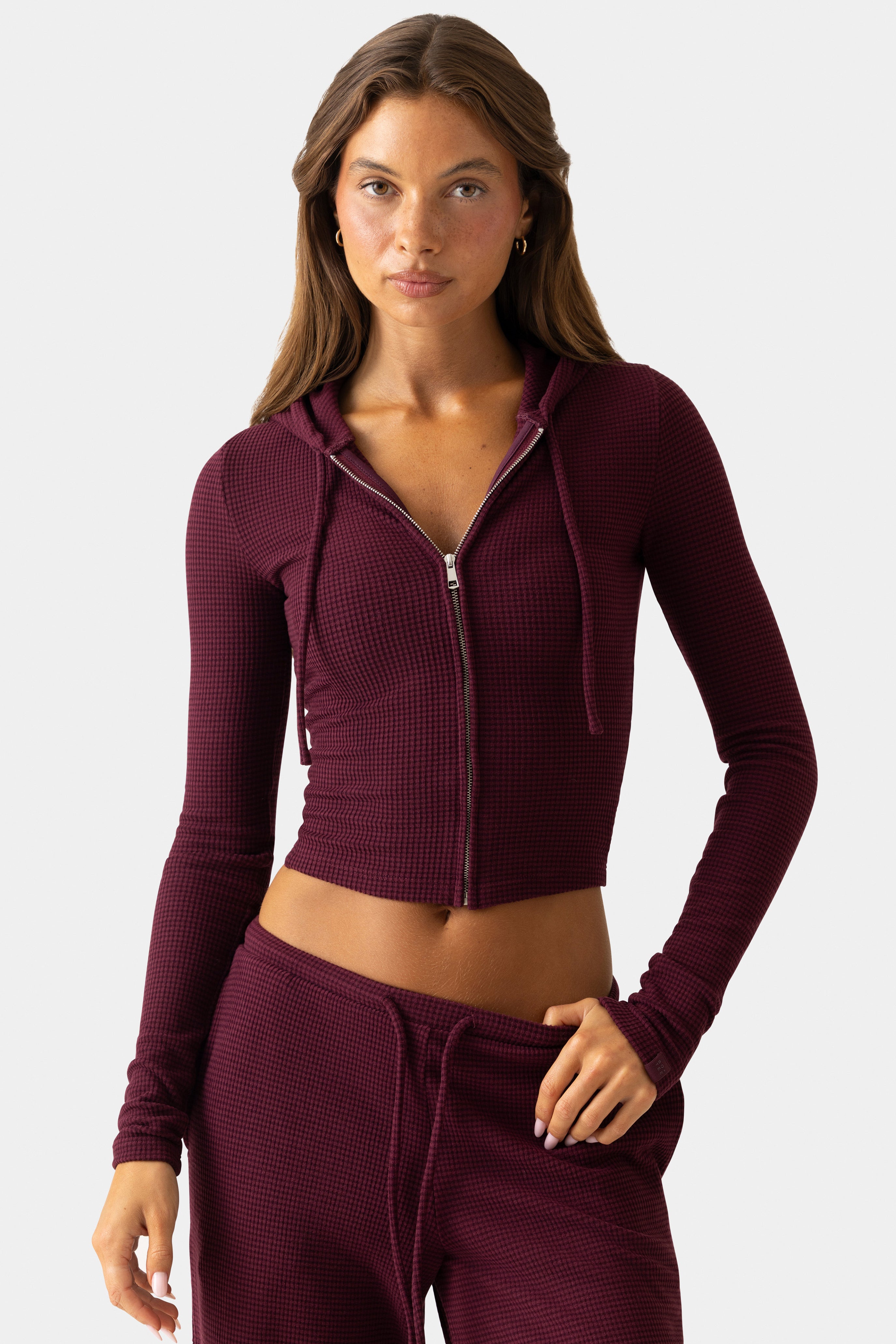 Oh Polly Bo+Tee Sweat à capuche zippé Plum côtelé crop