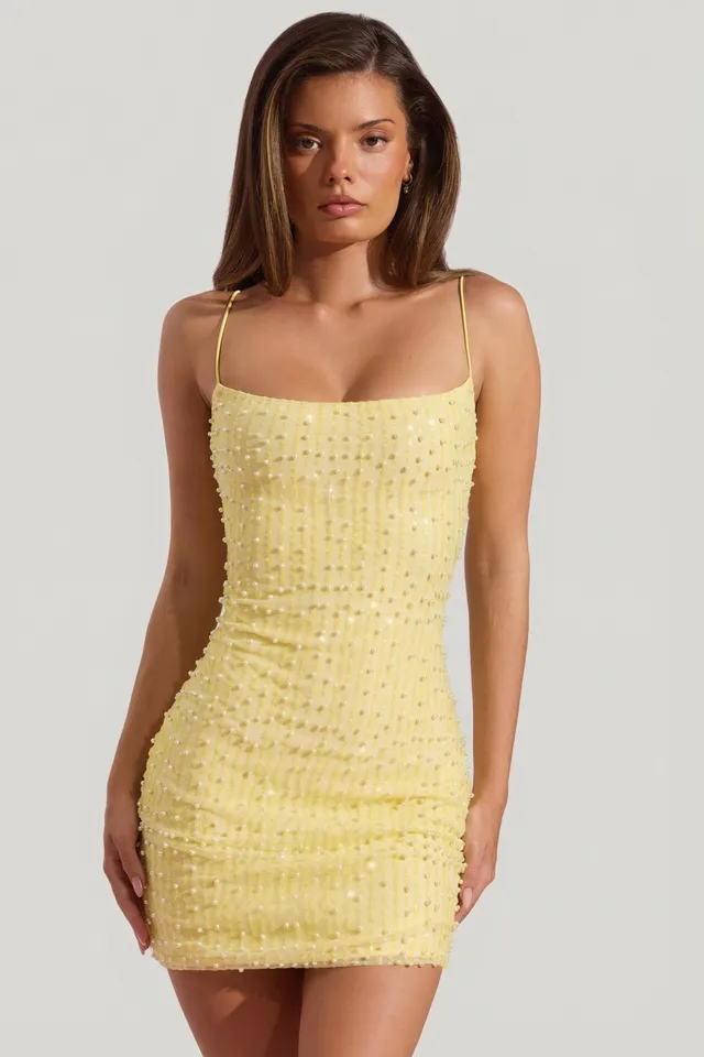 Oh Polly Drop a Glint Mini Robe Jaune Perles Bodycon