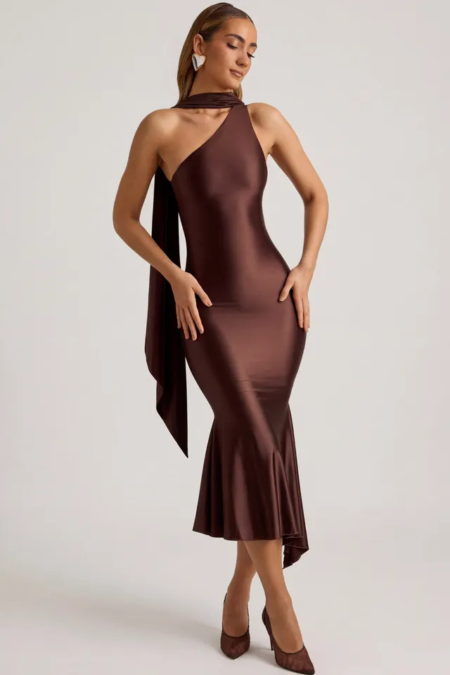 Oh Polly Shaya robe midaxi marron chocolat foulard
