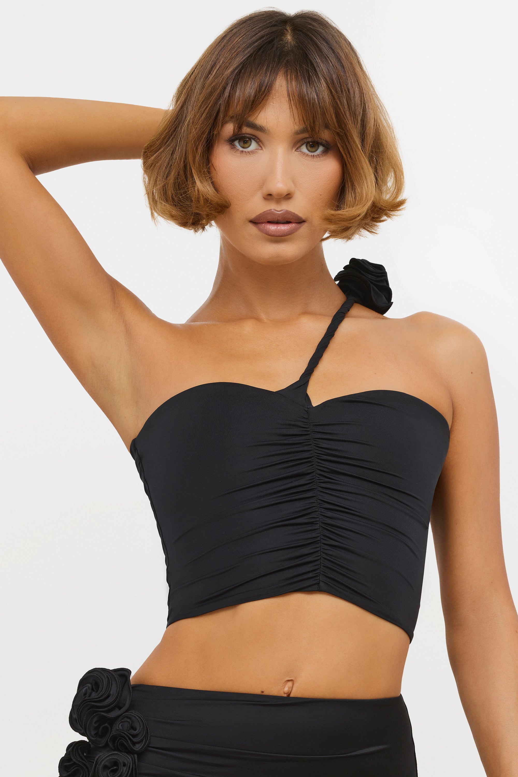 Oh Polly Tesia top noir asymétrique rose jersey
