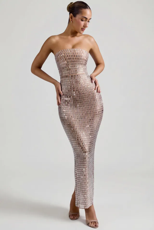 Oh Polly Amaya robe bustier longue amande strass