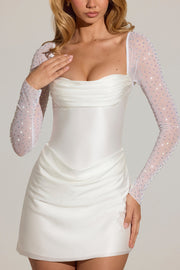 Oh Polly 15907 robe mini drapée blanche manches strass