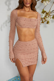 Oh Polly Belle Ile mini jupe beige taille haute fente perles