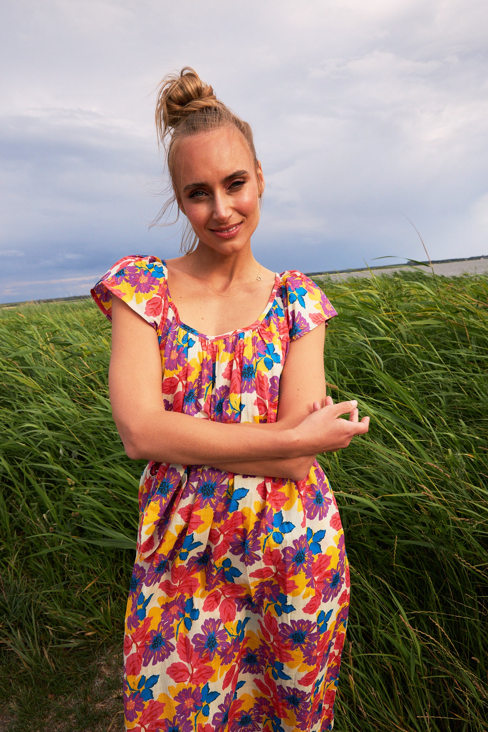 Chicosoleil Camilla robe écru Fleurs Jaipur midi coton