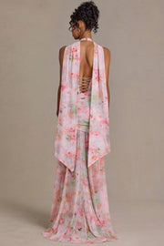 Oh Polly 15739 robe maxi rose fleurie strass foulard