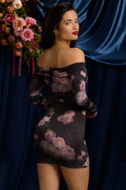 Oh Polly Aarti 11692 mini robe bodycon noire à fleurs ruchée