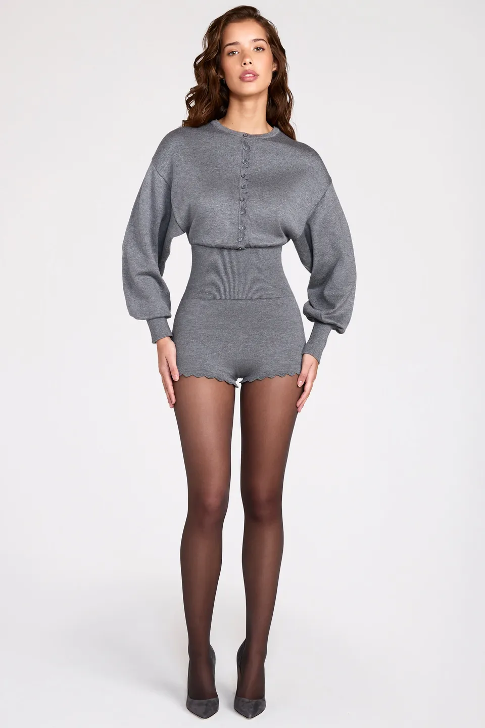 Oh Polly Moya combishort gris maille fine manches longues