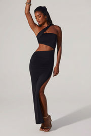 Oh Polly Dresses Suvi robe maxi noire fendue asymétrique