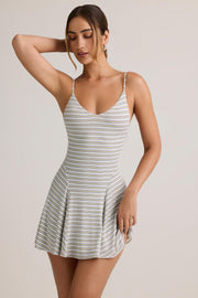 Oh Polly Mansi Modal Mini Robe Bleu Jaune Rayée Dos Nu