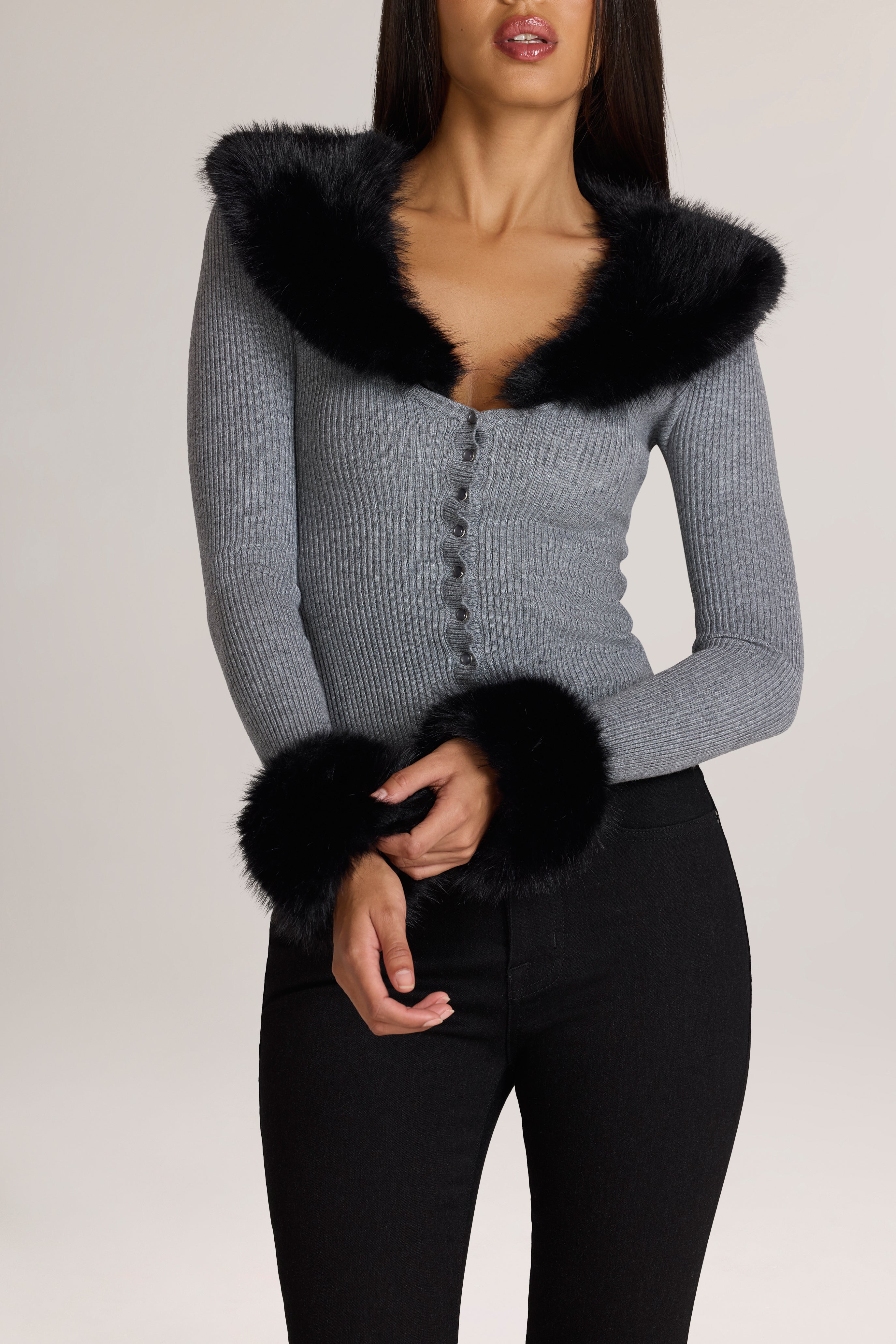 Oh Polly Lissie cardigan maille gris fausse fourrure