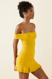 Oh Polly Dresses Robe Mini Arielle Jaune Doré Une-Épaule