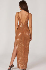 Oh Polly Embellished 16028 robe maxi bronze sequins