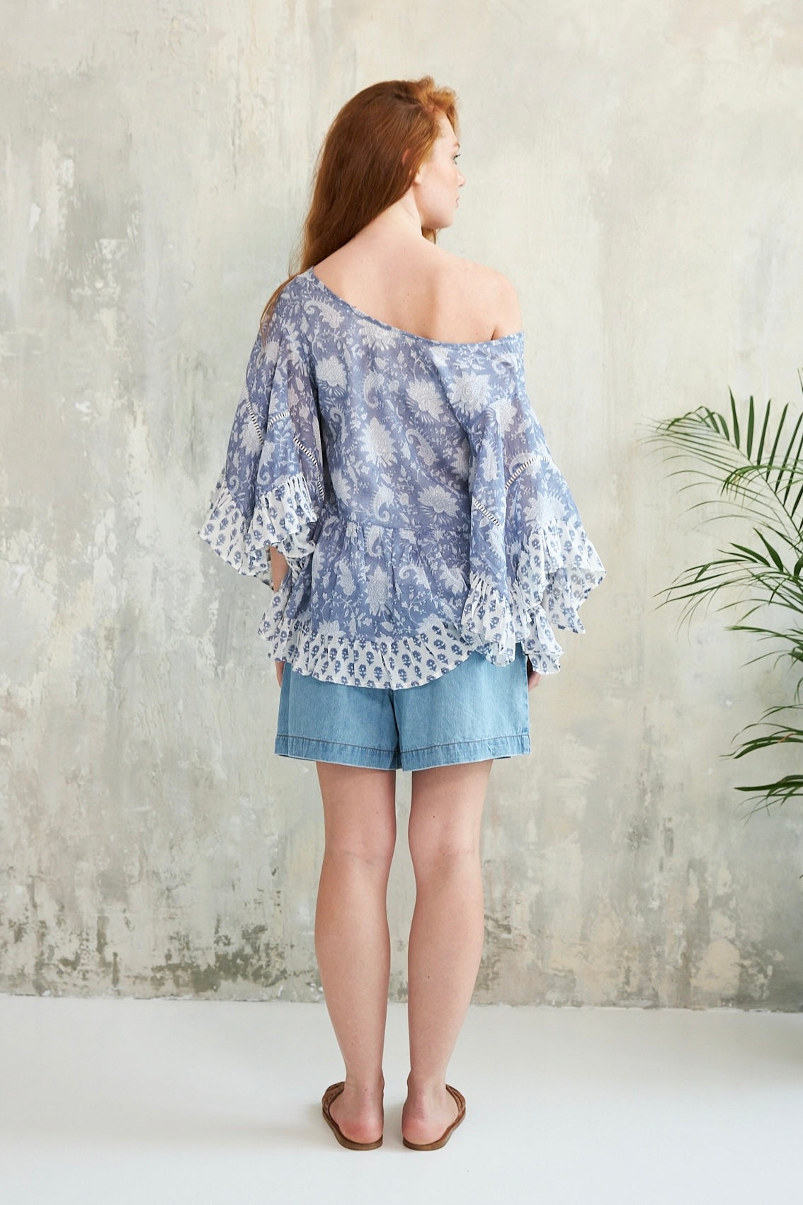 CHICOSOLEIL Pegan top bleu floral block print coton S/M