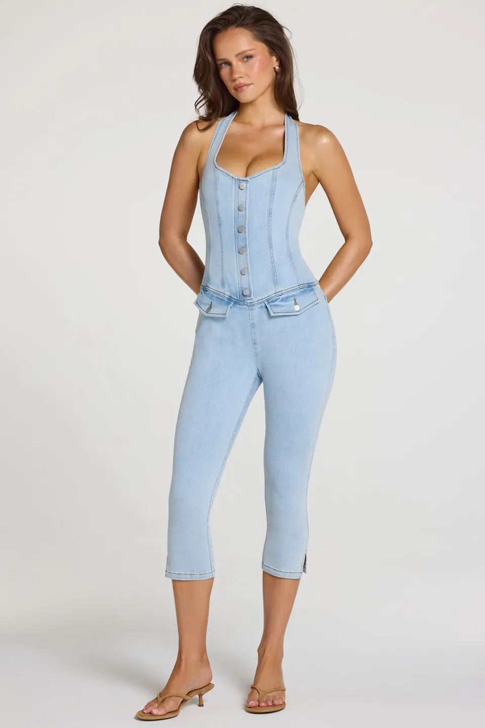 Oh Polly Romee combinaison jean capri denim clair stretch