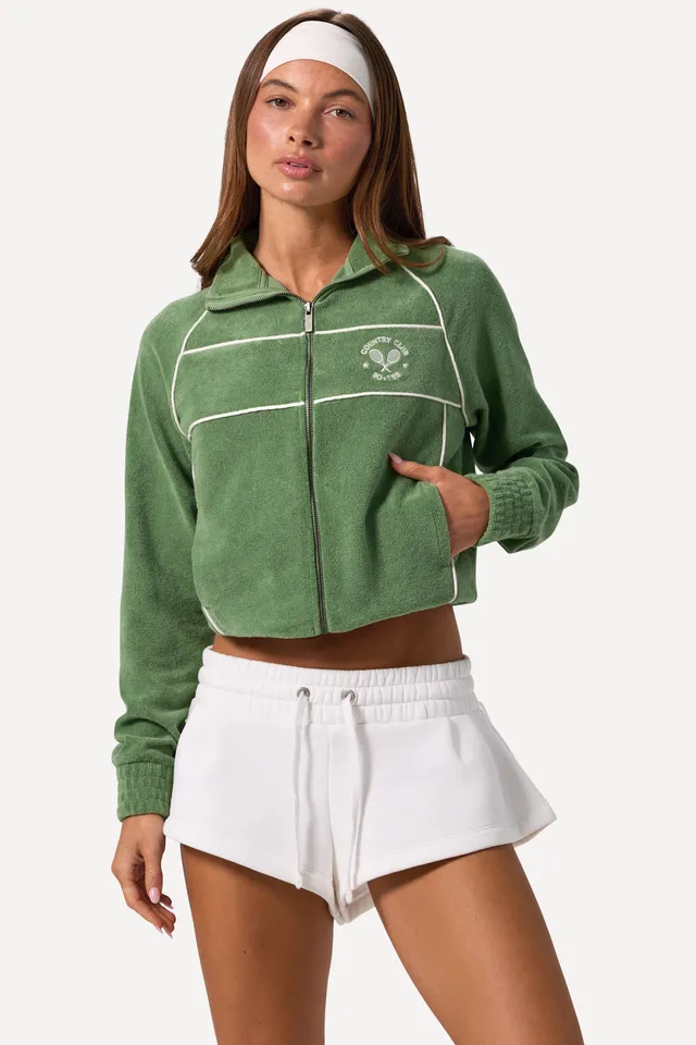 Oh Polly Knitwear sweat zippé crop éponge jade