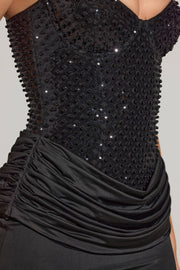 Oh Polly Embellished Vela Robe Corset Maxi Noire Perlée
