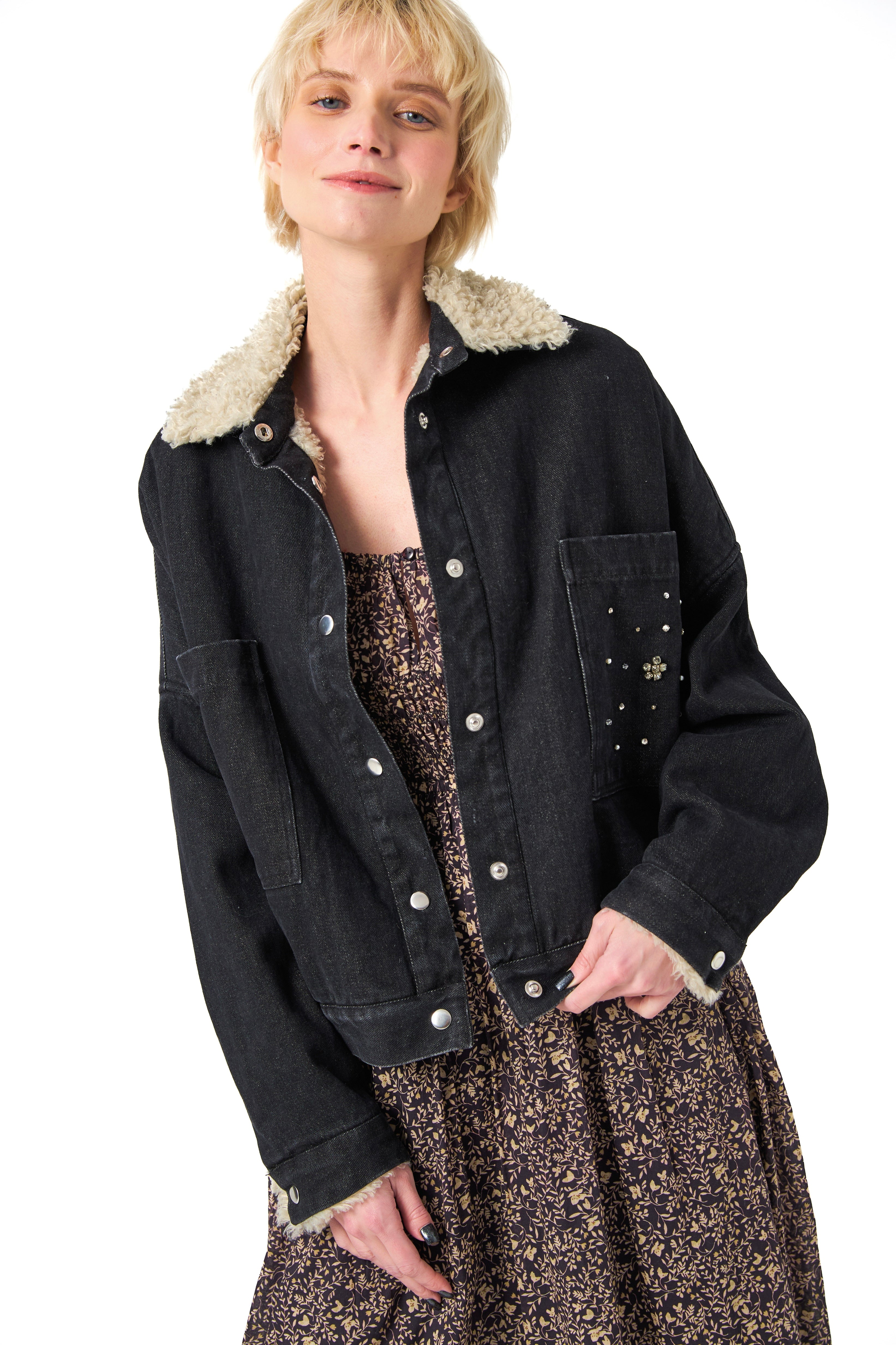 Chicosoleil Yuma veste aviateur noir denim fourrure