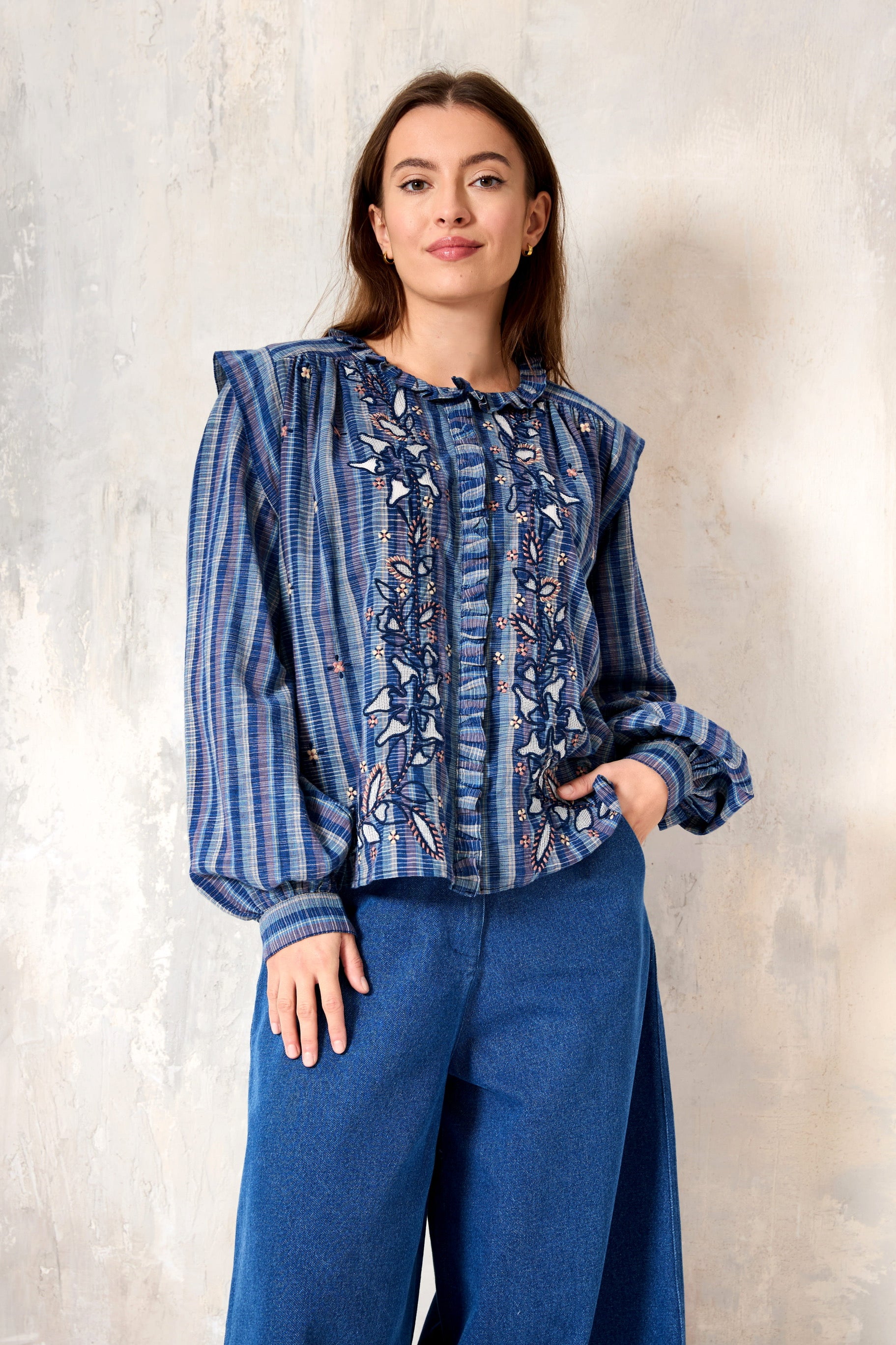 Chicosoleil Adriel chemise coton bleu carreaux brodée XS-XL