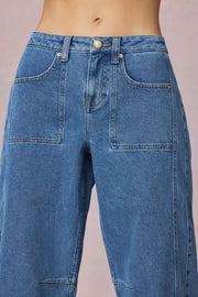 Oh Polly 13841 jean barrel bleu taille mi-haute coton
