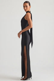 Oh Polly Sheril 13767 robe longue satin noir asymétrique
