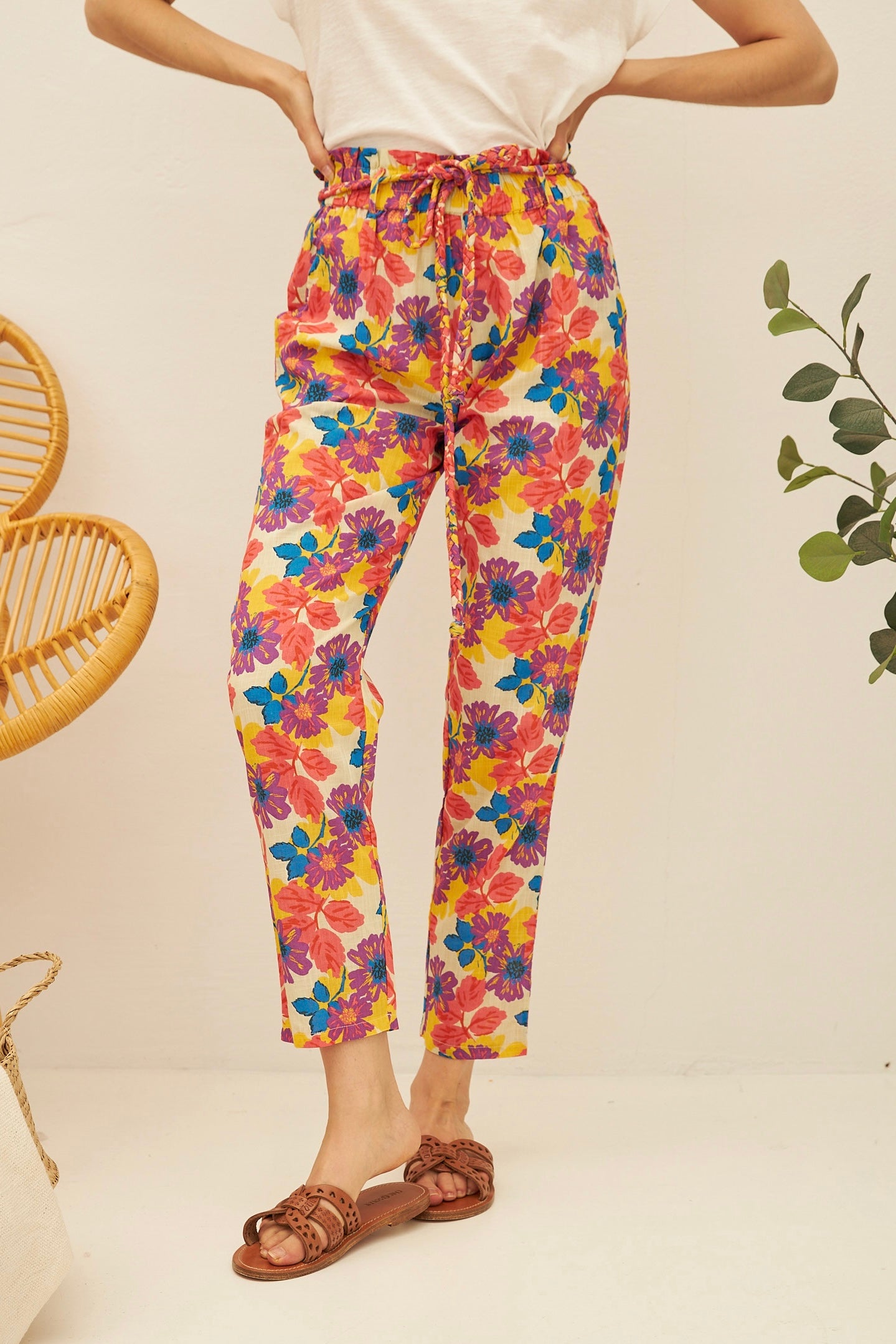 CHICOSOLEIL Kory pantalon écru fleurs Jaipur 100% coton