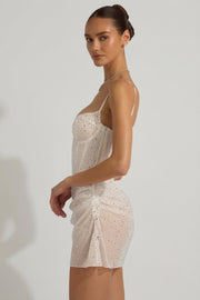 Oh Polly Connie robe mini corset blanche strass drapée
