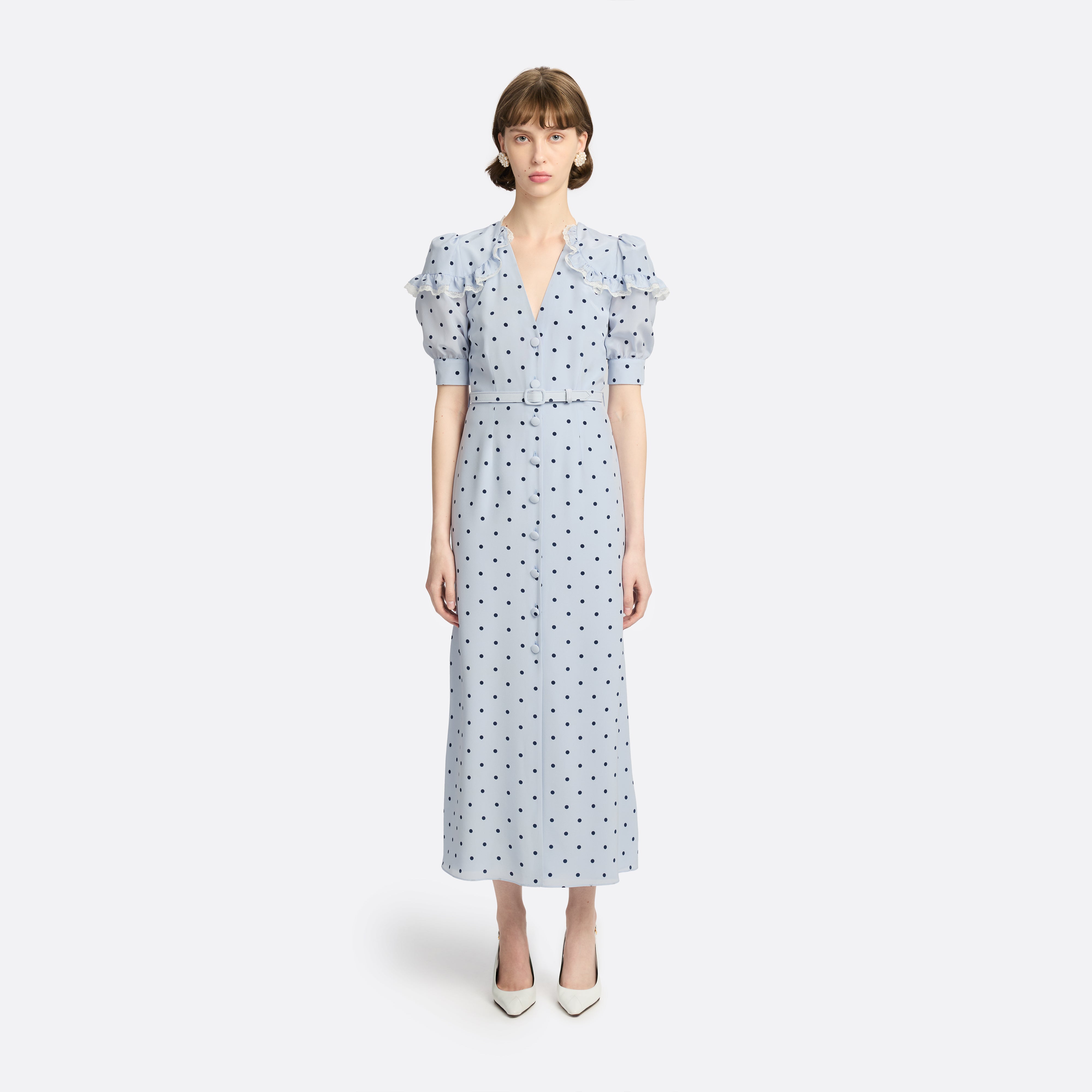 Alessandra Rich Polka-Dot Midi Dress robe bleu pois soie
