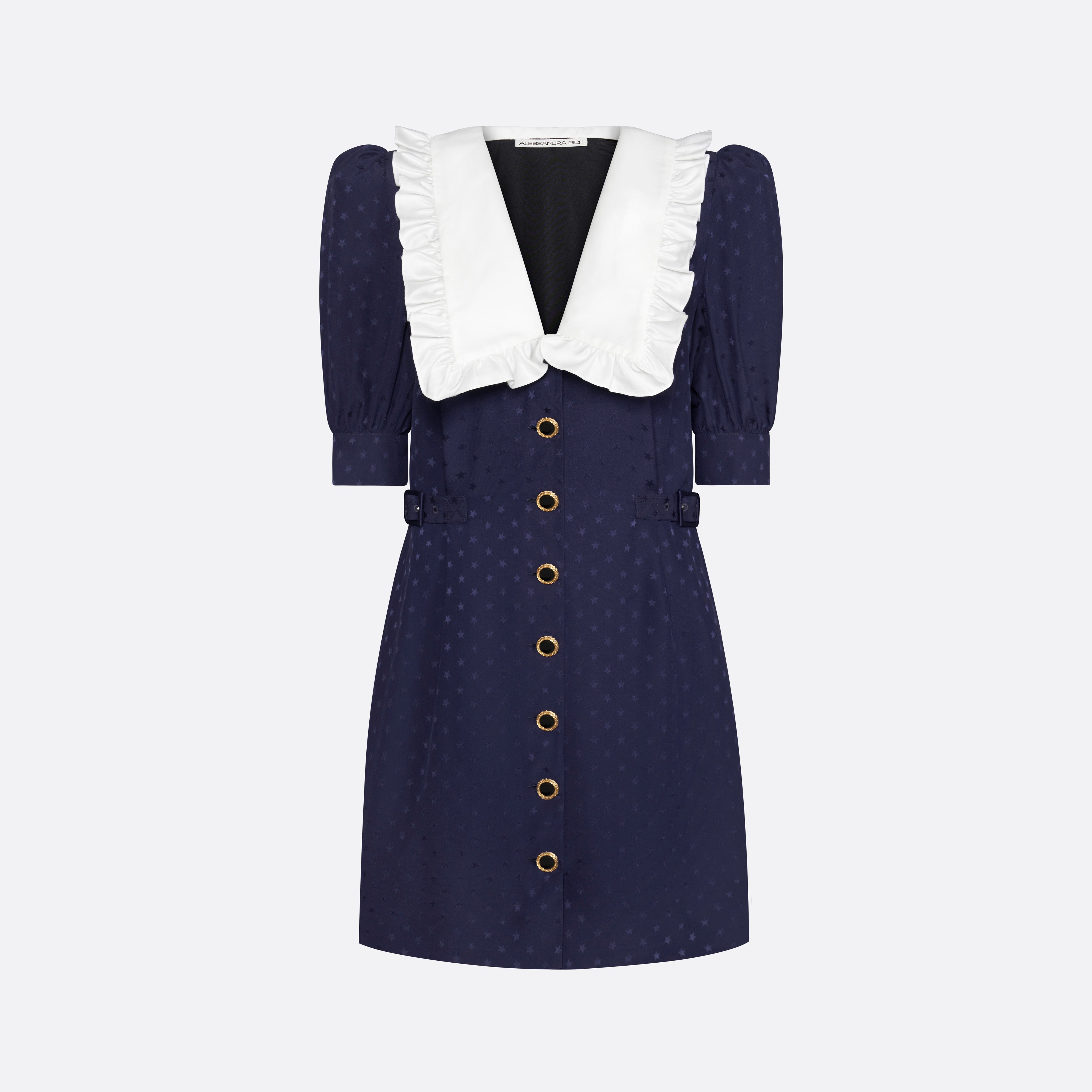 Alessandra Rich Silk Jacquard Mini Buckles robe mini bleu marine