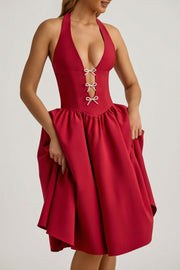 Oh Polly Angelina Robe Midi Licou Rouge True Red Nœuds