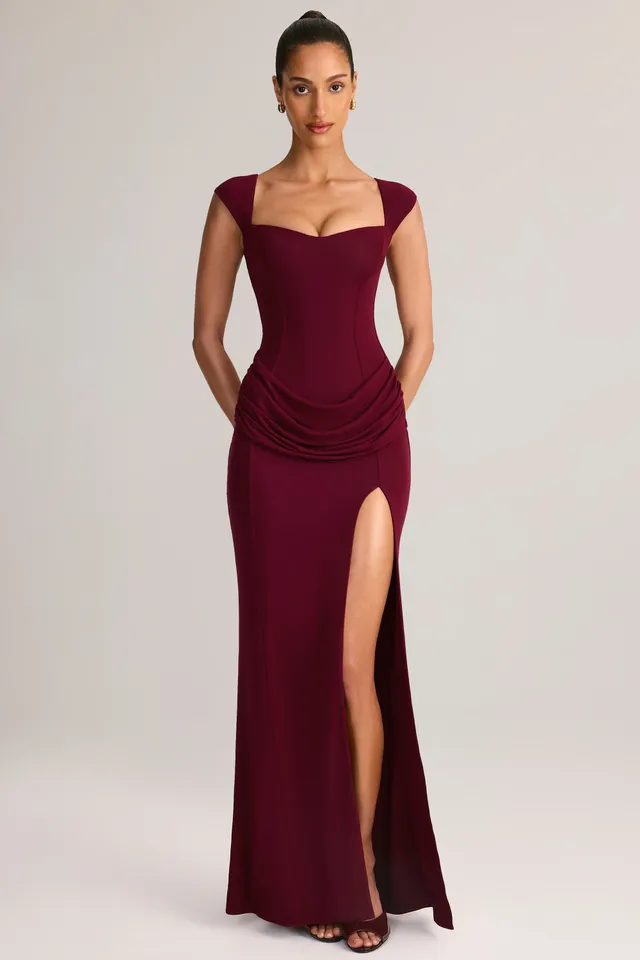 Oh Polly Elva Robe Maxi Bordeaux Col Cœur Modal Fendue