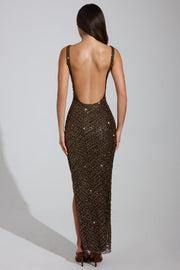 Oh Polly Yarina robe maxi marron strass fente cuisse
