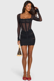 Oh Polly Olympe 16664 mini robe noire dentelle manches longues