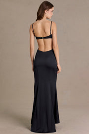 Oh Polly Embellished 15735 robe satin noir fente