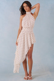 Oh Polly Dresses Halterneck Asymmetric Maxi Dress robe ivoire pois