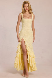 Oh Polly Dresses Celira 16130 robe maxi jaune dentelle fente volants