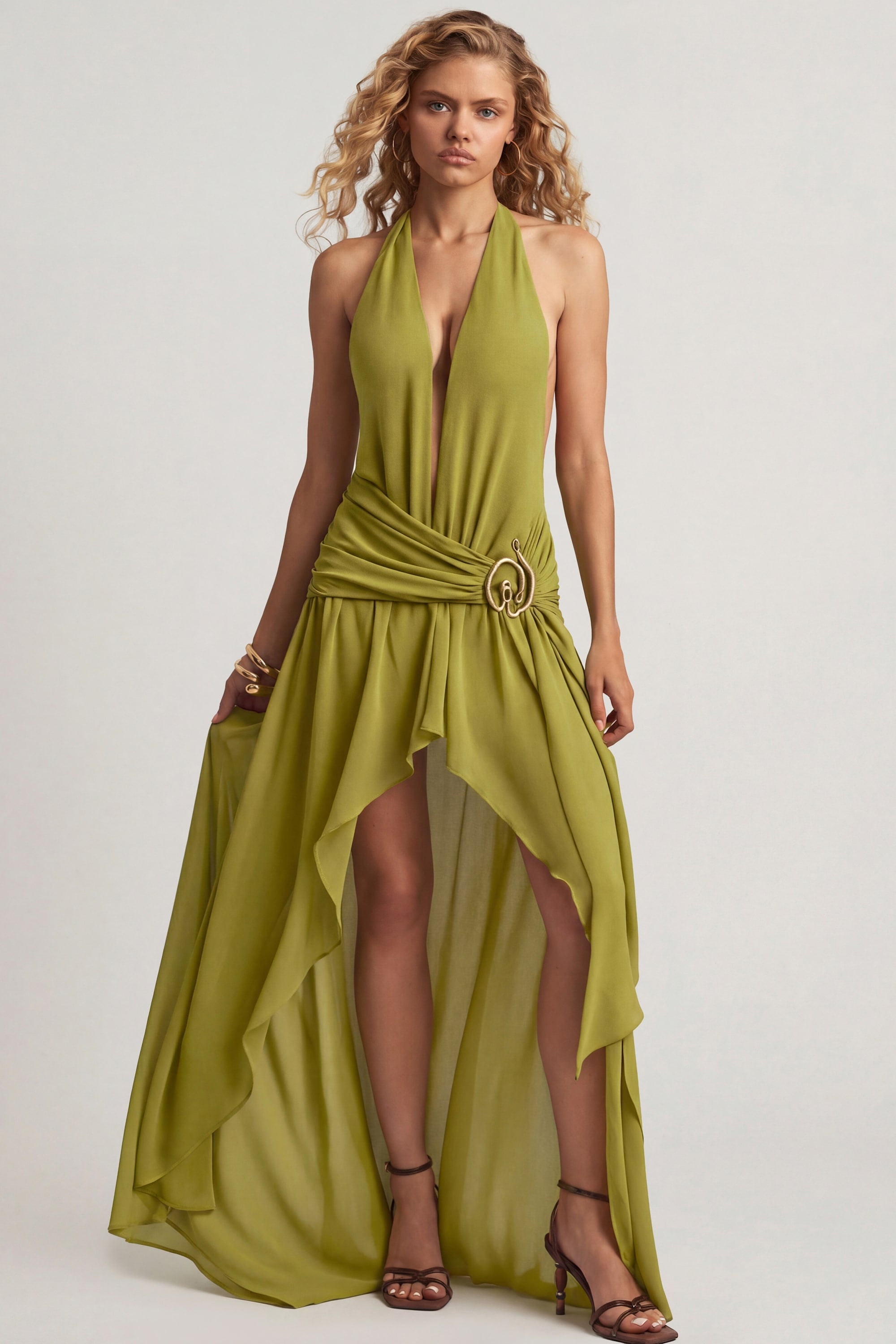 Oh Polly Oliana 14314 robe maxi vert olive asymétrique